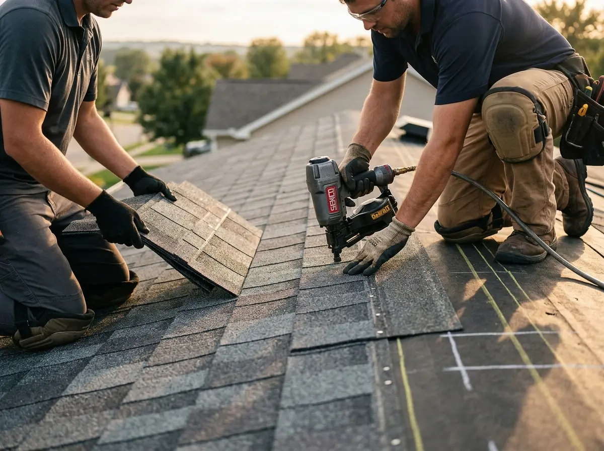 Professional roofer working on a residential roof in Claymont